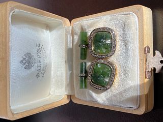Russian Gold Nephrite Jade Diamond Cufflinks