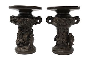 Signed Antique Bronze Chinese Figural Candlesticks