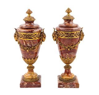 A Pair of Neoclassical Gilt Bronze Mounted Marble Urns