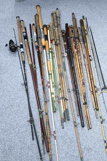 COLLECTION OF OLD AND VERY OLD VARIOUS FISHING RODS INCLUDING BAMBOO, HICKO