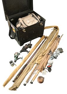 A COLLECTION OF FISHING TACKLE, including Walker Bampton split cane rod, AB