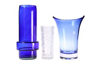 THREE PIECES OF ART GLASS, including a Whitefriars blue vase. Largest 28.5c
