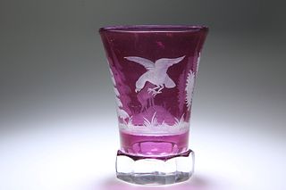 A BOHEMIAN AMETHYST GLASS BEAKER, LATE 19th CENTURY, of flared cylindrical 
