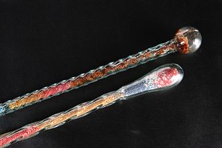 TWO VICTORIAN "END OF DAY" GLASS WALKING CANES FILLED WITH SWEETS, each of 