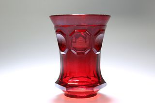 A GERMAN RUBY GLASS BEAKER, LATE 19th CENTURY, of waisted hexagonal form, e