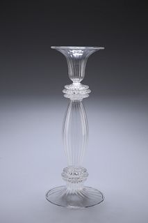 A RARE SALVIATI GLASS CANDLESTICK, the stem a tapering ribbed ovoid with th