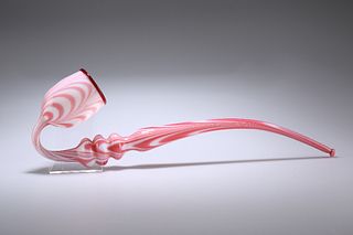 A LARGE VICTORIAN NAILSEA "END OF DAY" GLASS PIPE, pink and white swagged g