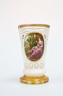 A BOHEMIAN ENAMELLED CASED GLASS BEAKER VASE, 19th CENTURY, the opaque whit