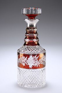 A SILVER-COLLARED RUBY FLASH GLASS DECANTER AND STOPPER, hallmarked C.J. Va