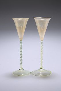 A PAIR OF VENETIAN MURANO GLASS LIQUEURS, CIRCA 1900, the gilded funnel-sha