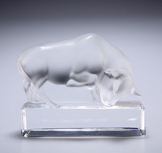 A LALIQUE CLEAR AND FROSTED GLASS PAPERWEIGHT, in the form of a charging bu