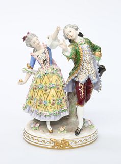 A SITZENDORF PORCELAIN FIGURE GROUP, modelled as dancing figures in 18th Ce