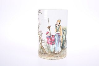 A CHINESE PORCELAIN BRUSH POT, cylindrical, painted with figures and blosso