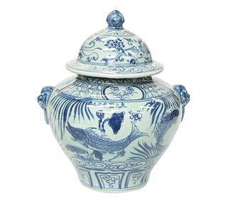 A CHINESE BLUE AND WHITE "FISH" JAR AND COVER, IN MING STYLE,?painted to th