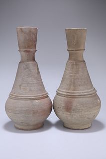 A PAIR OF CHINESE TERRACOTTA VASES IN HAN DYNASTY STYLE, bottle-shaped with