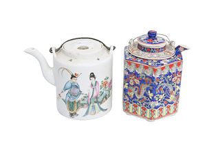 TWO CHINESE PORCELAIN TEAPOTS, the first of octagonal section with removabl