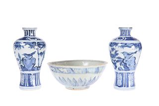 A PAIR OF CHINESE BLUE AND WHITE PORCELAIN VASES, of shouldered baluster fo