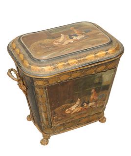 A GOOD 19TH CENTURY TOLEWARE COAL BIN, painted to the hinged cover and fron