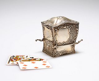 A LATE VICTORIAN SILVER PLAYING CARDS BOX IN THE FORM OF A MINIATURE PALANQ