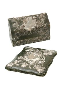 AN ART NOUVEAU SILVER-MOUNTED GREEN LEATHER DESK BOX AND BLOTTER, WILLIAM C