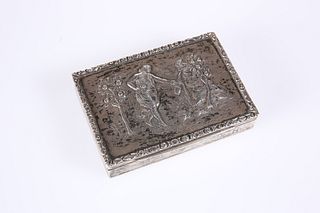 AN AUSTRIAN SILVER SNUFF BOX, rectangular, the hinged cover embossed with a