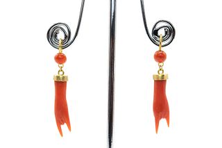 A PAIR OF CORAL HAND EARRINGS
 Each carved coral corallium rubrum hand, sur