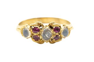A MOONSTONE AND PINK SAPPHIRE RING
 Set with three cabochon moonstones, int