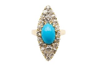 A TURQUOISE AND DIAMOND RING
 ?The navette-shaped plaque, centred by a cabo