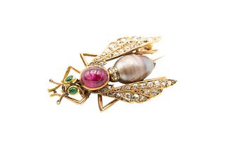 A GEM-SET INSECT BROOCH
 Designed as a bee, the freshwater cultured pearl a