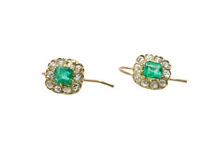 A PAIR OF EMERALD AND DIAMOND CLUSTER EARRINGS
 Each octagonal-cut emerald,