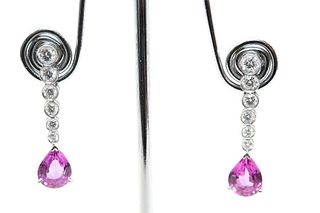 A PAIR OF PINK SAPPHIRE AND DIAMOND DROP EARRINGS
 Each suspending a pear-s
