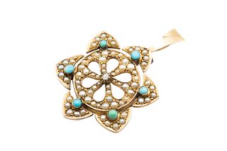A SEED PEARL AND TURQUOISE PENDANT
 The open detail flower head shaped moun