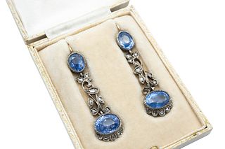 A PAIR OF SAPPHIRE AND DIAMOND PENDENT EARRINGS 
 Each articulated earring 