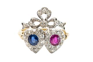 A SAPPHIRE, RUBY AND DIAMOND DOUBLE-HEART RING
 Designed as a pair of conjo