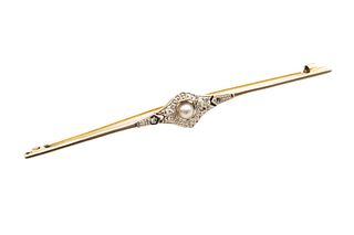 A PEARL AND DIAMOND BAR BROOCH
 The polished bar applied with a rose-cut di
