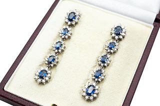 A PAIR OF SAPPHIRE AND DIAMOND DROP EARRINGS
  Each articulated drop formed