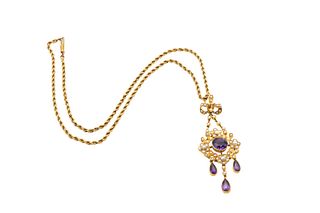 A SEED PEARL AND AMETHYST PENDANT NECKLACE
 The openwork pendant set throug