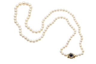 A CULTURED PEARL NECKLACE WITH A SAPPHIRE AND DIAMOND CLASP
 The single str