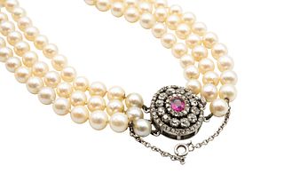 A TRIPLE STRAND CULTURED PEARL NECKLACE WITH A 19TH CENTURY RUBY AND DIAMON