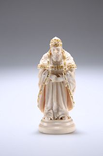 A 19TH CENTURY IVORY FIGURAL CHESS PIECE, carved as the figure of a Bishop,