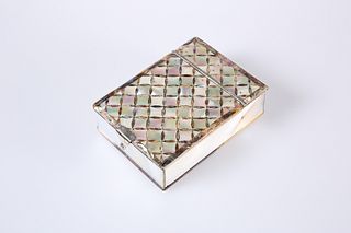 A 19TH CENTURY FRENCH MOTHER-OF-PEARL AND ABALONE BOX, with twin hinged lid