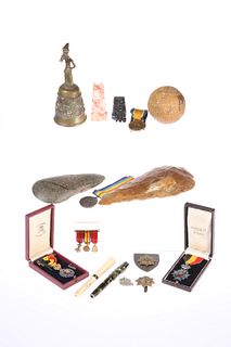 A MISCELLANEOUS GROUP OF OBJECTS, including medals, minerals, Bank of Engla