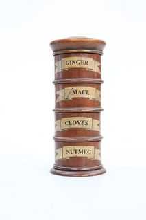 A 19th CENTURY TREEN SPICE TOWER, of four sections, labelled in gilt "Ginge