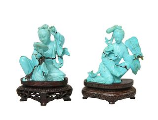 TWO CHINESE CARVED TURQUOISE FIGURES, 19TH/20TH CENTURY, each on a wooden s