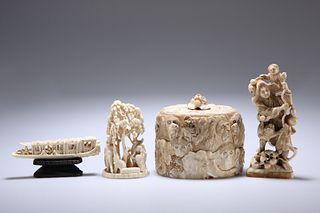A JAPANESE IVORY TUSK BOX AND COVER, MEIJI PERIOD, carved with lion, elepha
