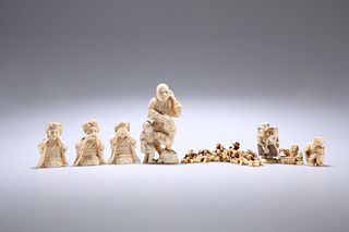 A COLLECTION OF JAPANESE IVORY CARVINGS, MEIJI PERIOD, including okimono of