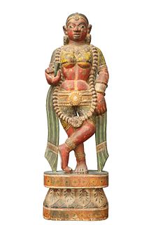 A LARGE CARVED AND PAINTED WOODEN FIGURE OF A GODDESS, approximately 3ft hi