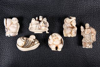 SIX JAPANESE IVORY FIGURAL NETSUKES, MEIJI PERIOD, five signed. (6) Tallest