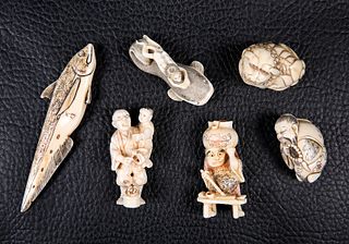 FOUR JAPANESE SIGNED IVORY NETSUKE, including fish; together with TWO UNSIG