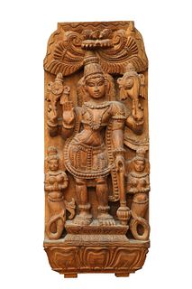 THREE CARVED WOODEN PANELS, each carved with figures. Largest 93.5cm by 36c